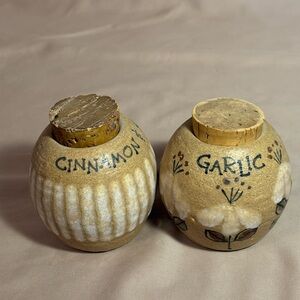Vintage Wild Weed Art Pottery With Cork Stoppers Set Of 2 Garlic & Cinnamon